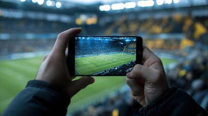 A person holds a smartphone while recording action on the soccer field during a thrilling match. The cheering crowd creates an electric atmosphere in the stadium, illuminated by bright lights.