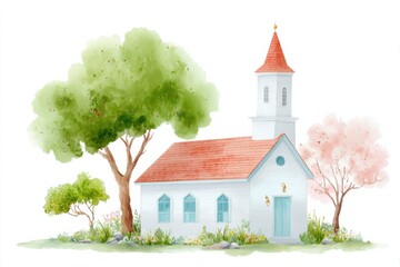 Watercolor church illustration with red roof and spring trees