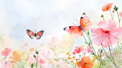 Beautiful watercolor painting featuring colorful butterflies and vibrant flowers in serene garden setting, evoking sense of tranquility and joy
