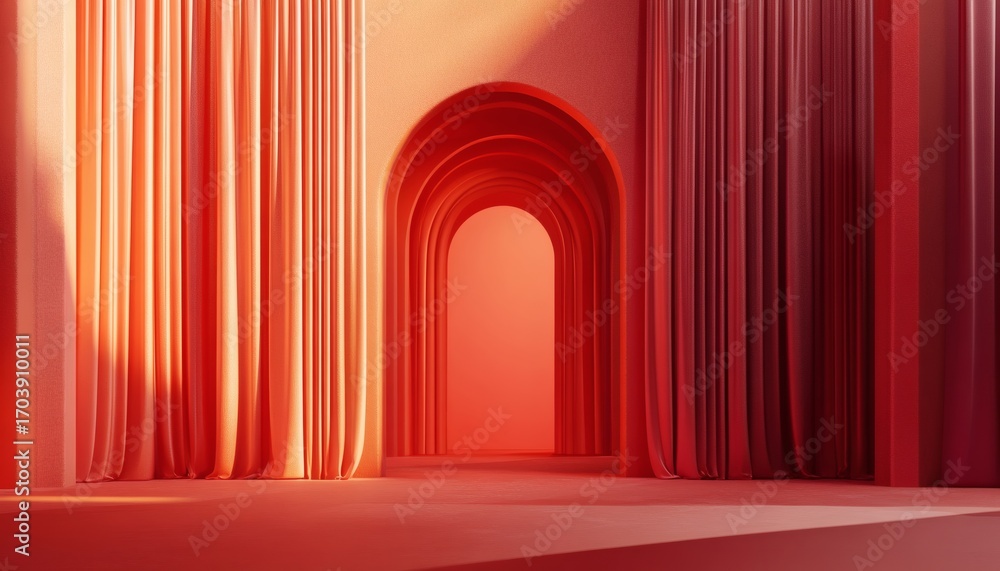 Poster the image shows a digitally created scene with red and orange curtains flanking multiple arched door