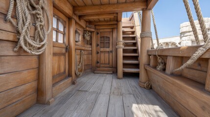 Aesthetic Wooden Interior of a Historic Pirate Ship Featuring Nautical Elements and Imposing Staircase Under Bright Sky
