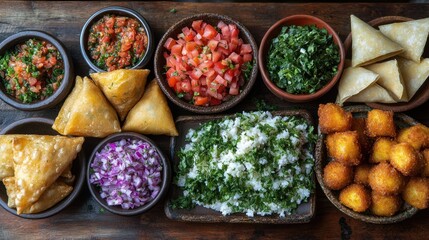 Colorful assortment of small dishes.  Various appetizers and sides,  on a dark wooden surface.  Includes dips,  fried snacks, rice, and chopped vegetables