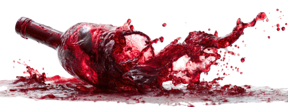 Broken wine bottle with a dramatic red liquid spill