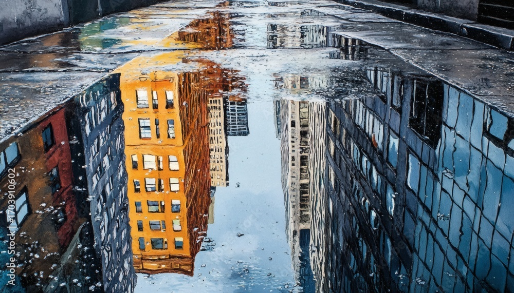 Poster the image shows a distorted reflection of city buildings in a puddle of water on the ground, creatin