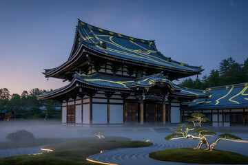 Fototapeta premium Serene Temple at Dawn: A majestic temple, bathed in the soft hues of dawn, stands amidst a serene landscape, offering a glimpse into timeless beauty and tranquility.
