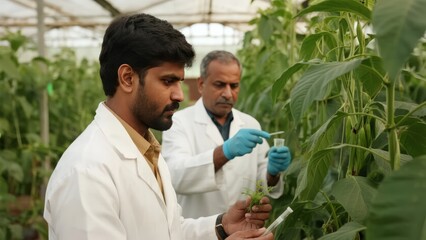 Indian scientist conducting experiments with plants in greenhouse