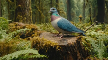 Colorful pigeon perched on forest stump amidst ferns and moss