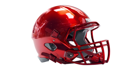 Shiny metallic red football helmet with black background