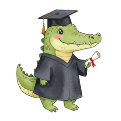 Cartoon Alligator in Graduation Gown and Cap on Transparent Background