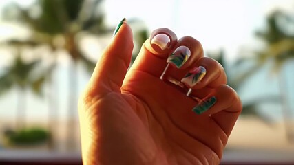 tropical nail art design on hand vacation background