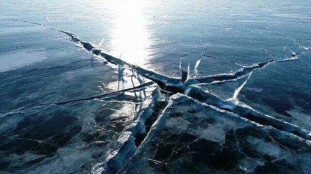 Experience the stunning frozen beauty of a cracked ice surface glistening under the bright sun, perfect for nature documentaries or winter travel promotions