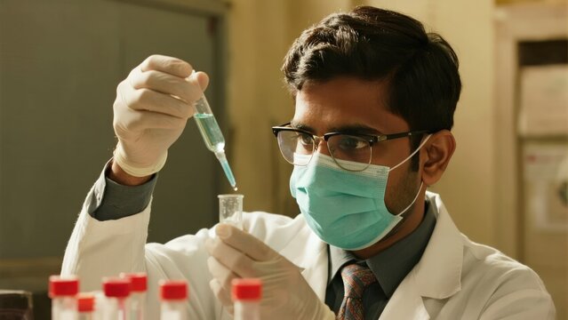 Indian laboratory worker analyzing collected samples in research lab