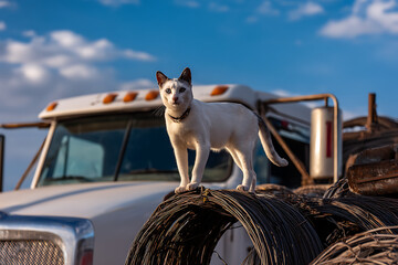White Cat on Industrial Equipment Outdoors