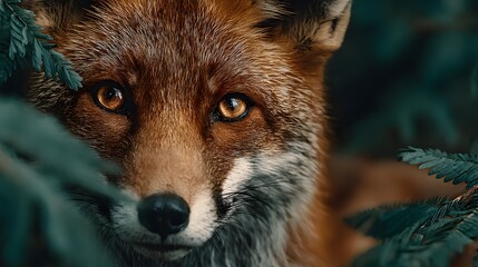 Intense, dramatic close-up of a red fox peering through dark foliage. Its intelligent, sharp amber eyes convey a sense of mystery and cunning.