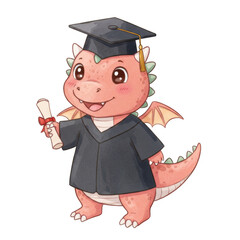 Cheerful Pink Dragon Student Holding Graduation Diploma in Academic Dress on Transparent Background