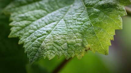 Fototapeta premium The vibrant green leaf displays its detailed texture and vein patterns illuminated by soft sunlight, highlighting the beauty of nature in a serene environment.