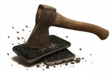 Old axe breaking two modern smartphones on a transparent background, depicting digital detox, obsolete technology, or anger management issues