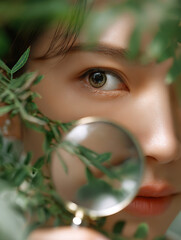 Woman's Eye Partially Obscured by Green Leaves and Magnifying Glass