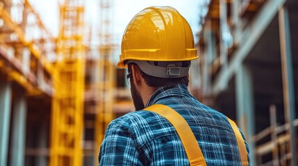 Construction worker in safety gear, rear view