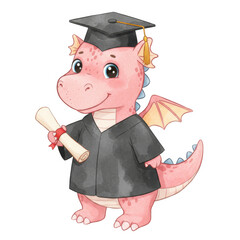 Pink Dragon in Graduation Gown Holding Diploma on Transparent Background