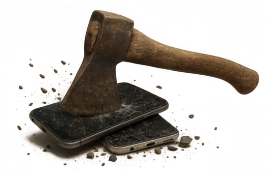 Old axe breaking two modern smartphones on a transparent background, depicting digital detox, obsolete technology, or anger management issues - Powered by Adobe