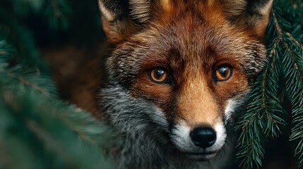 Intense, dramatic close-up of a red fox peering through dark foliage. Its intelligent, sharp amber eyes convey a sense of mystery and cunning.