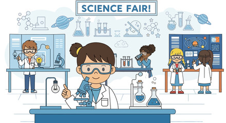 Science Fair Vector Illustration with Children in Lab Coats and Scientific Equipment in a Modern Style