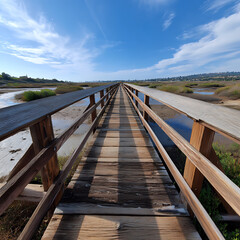 Wooden Boardwalk Extending to Coastal Wetlands Under a Sunny Sky