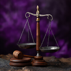 Wooden Scales of Justice with Gavel on Dark Purple Background