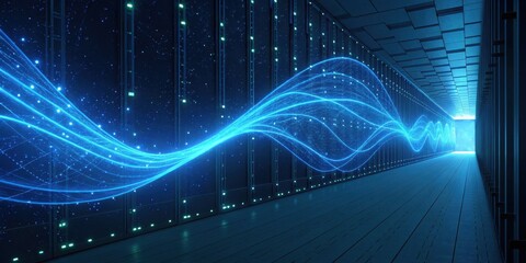 A server room with blue glowing waves and lights in a futuristic data center hall