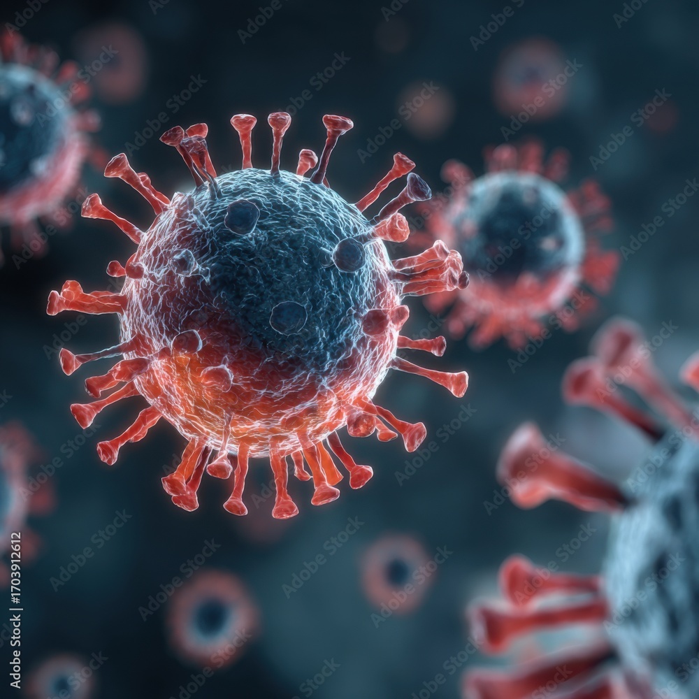 Poster close-up view of virus particles displaying intricate surface structures and spikes. the vibrant col