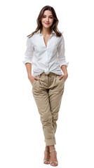 Fototapeta premium Confident smiling woman in a white knotted shirt and beige trousers posing with hands in pockets.