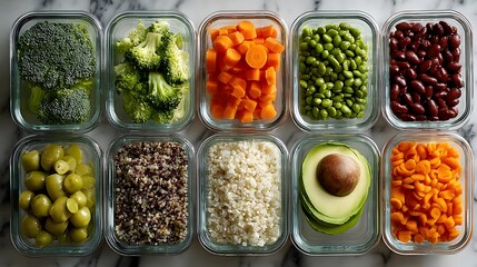 Overhead view of ten glass containers neatly displays vibrant and healthy meal prep on a clean white marble surface, organized and very colorful.