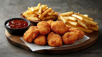 Crispy fried chicken nuggets and french fries with dipping sauce