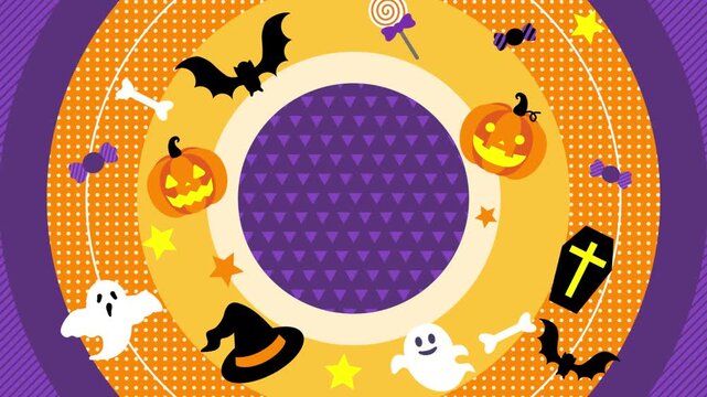 Cute background animation of Halloween icons popping out from an expanding circle