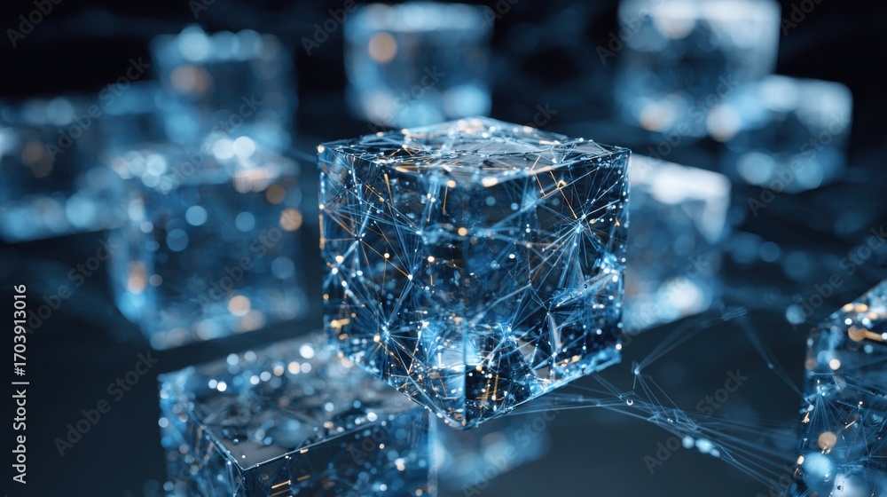 Aufkleber glowing digital cubes are interconnected with lines of light, forming an intricate network. this rep