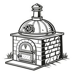 Detailed Black and White Illustration of an Outdoor Pizza Oven with a Traditional Design and Brickwork Detailing