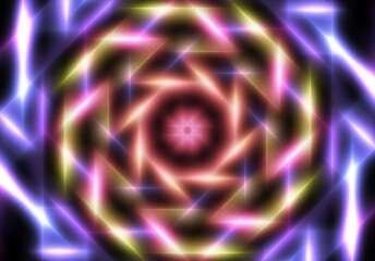 abstract geometric neon light lines kaleidoscope mandala art Vibrant neon spiral design with glowing purple, pink, and yellow rays. Perfect for futuristic backgrounds, posters, or digital art