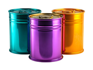 Three colorful metallic cylindrical containers against a black background