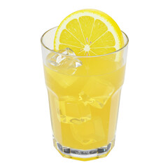 Refreshing yellow citrus drink with ice cubes and a lemon slice isolated on transparent background