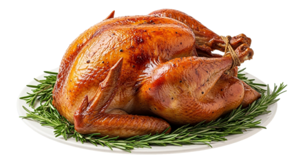 A golden brown Thanksgiving turkey roasted to perfection garnished with fresh rosemary on a on transparent background