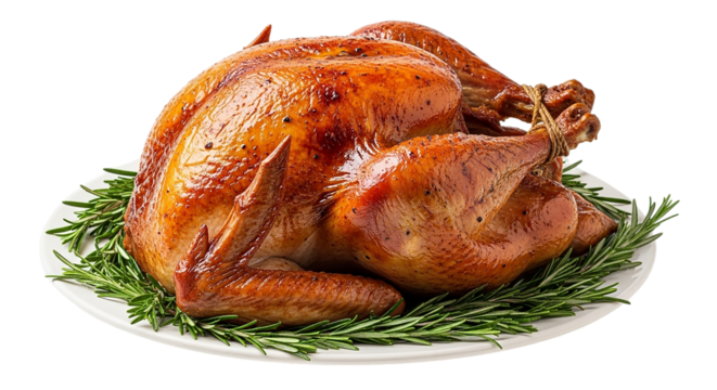 A golden brown Thanksgiving turkey roasted to perfection garnished with fresh rosemary on a on transparent background