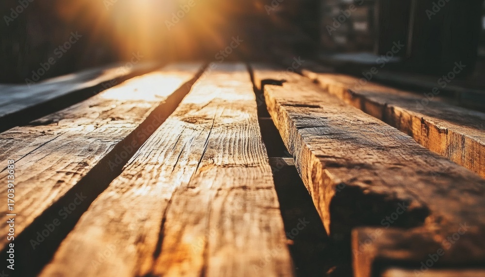 Poster the image shows several weathered, parallel wooden beams illuminated by warm, bright sunlight, creat