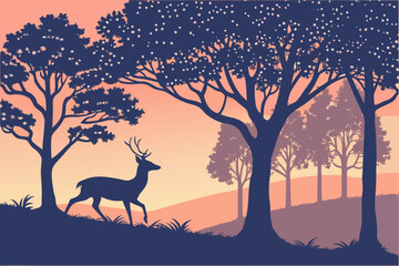 Majestic deer and trees silhouette against a vibrant sunset sky