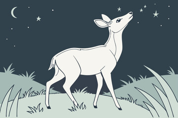 Minimalist deer silhouette under a starry night sky with a crescent moon