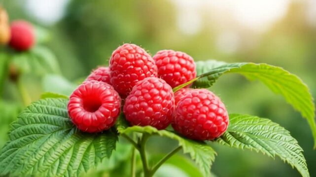 Fresh, ripe red raspberries nestled on vibrant green leaves in a sunny garden, showcasing their natural beauty and delicious appeal.