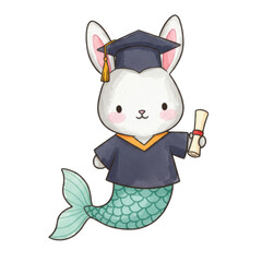 Adorable Bunny Mermaid in Graduation Gown and Cap with Diploma Isolated