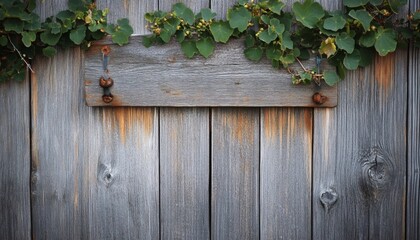 Fototapeta premium A weathered gray wooden sign is affixed to a rustic wood fence with green climbing plants growing along the top.