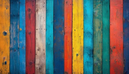 The image shows a close-up view of multiple vertical wooden planks painted in various colors, including red, blue, yellow, and others, showing natural wood grain and paint texture.