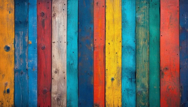 The image shows a close-up view of multiple vertical wooden planks painted in various colors, including red, blue, yellow, and others, showing natural wood grain and paint texture.